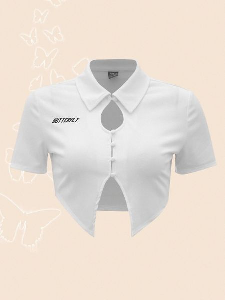 

letter pattern peekaboo front split hem crop tee x25z#, White