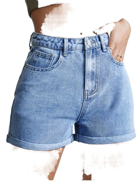

high waist roll hem denim shorts d3et#, White;black