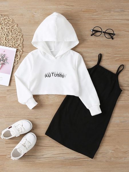 

toddler girls letter graphic hoodie & cami dress she, White