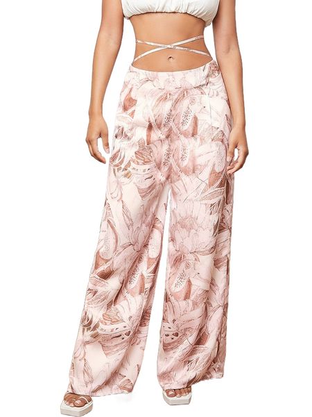 

tropical print crisscross tie back wide leg pants v92d#, Black;white