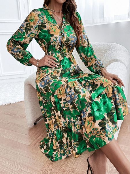 

random floral print bishop sleeve ruffle hem dress b16z#, Black;gray