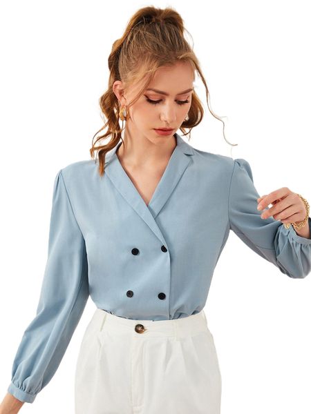 

double breasted puff sleeve blouse g7oo#, White