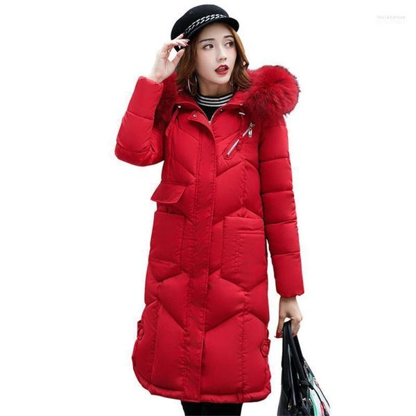 Women Down Down Parkas Winter Coat Women Red M-3xl Plus Size Loose 2022 Moda coreana Preto cinza com capuz de peles Longo Capéu de algodão feminina lj06