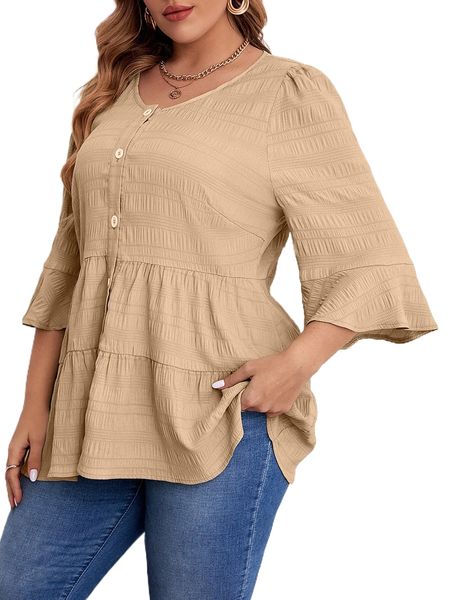 

plus textured button front flounce sleeve peplum blouse 45cc#, Black
