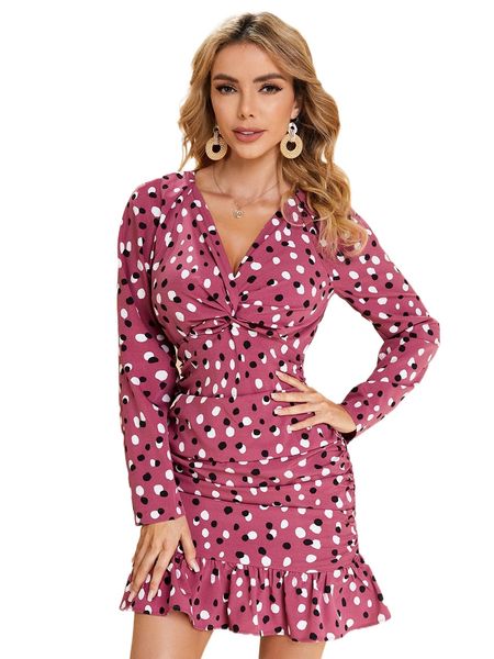 

polka dot twist front ruffle hem dress v9oe#, Black;gray