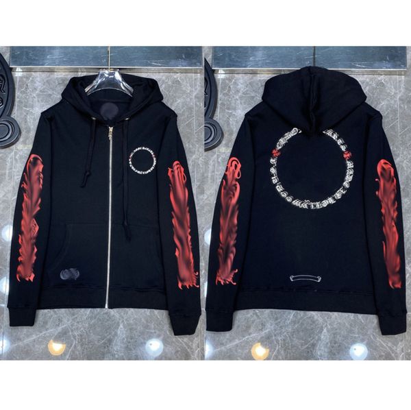 

loose classic mens hoodie brand ch sweatshirts horseshoe sanskrit print designer luxury zipper jacket fashion pullover hooded sweater women, Black