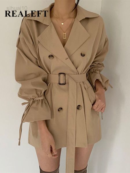 

realeft 2022 new autumn winter khaki minimalist women's trench coat sashes windbreaker loose flare sleeve double breasted trench l22072, Tan;black