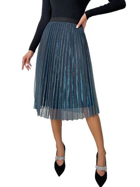 

high waist mesh overlay pleated skirt k6ve#, Black