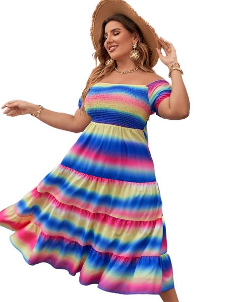 

plus ombre shirred off the shoulder ruffle hem dress n4il#, Black