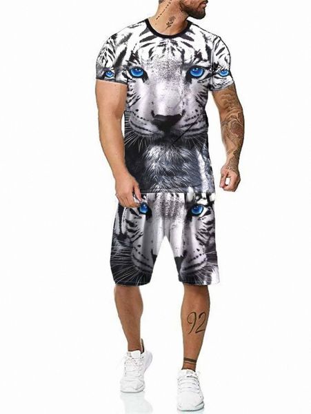 

men 3d tiger print tee & shorts 35uh#, Gray