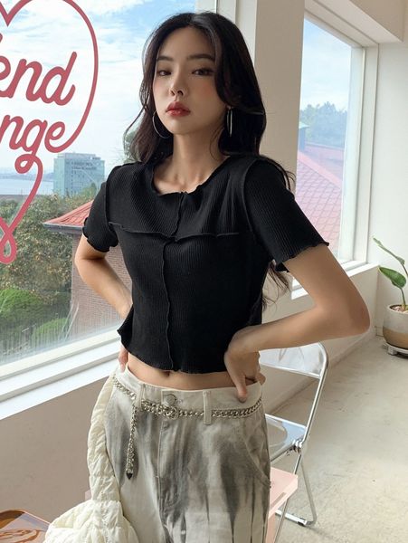 

dazy stitching rib-knit crop tee c7bg#, White