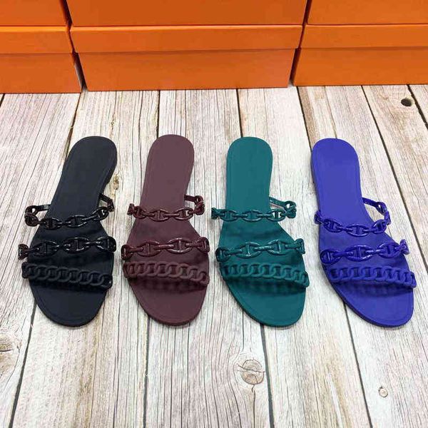 

designer slippers herme sandals european and american summer net red new three belt chain pig nose beach flat bottom h sandals women's, Black