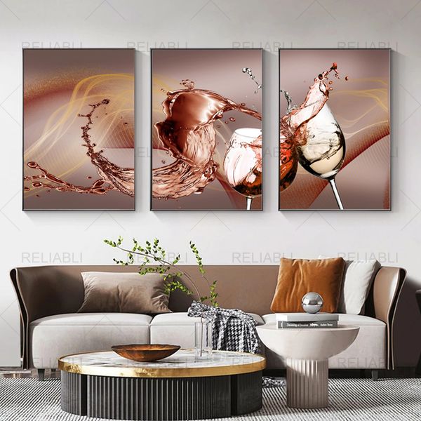 

3 panels wine glass wave abstract golden cup prints modern canvas painting hd poster pictures for kitchen bar restaurant decor