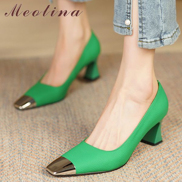 

meotina women shoes genuine leather thick heels square toe pumps fashion high heel party lady footwear spring green white 34-42, Black