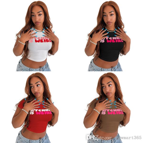 

women t-shirts short sleeved tight elastic tee letter printed ribbed material designer crop top, White