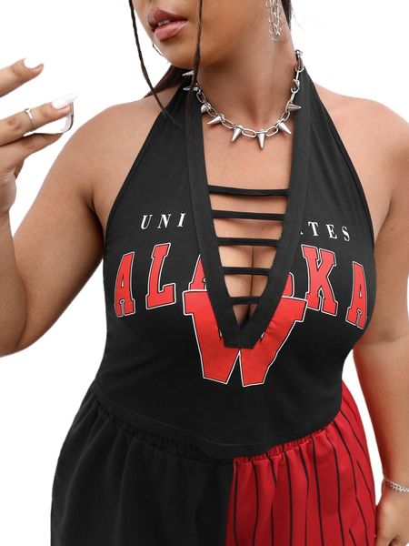 

plus letter graphic cut out front halter 390i#, Black