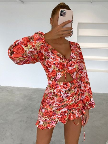 

joyfunear floral print knot front cut out ruched ruffle hem dress r3dq#, Black;gray