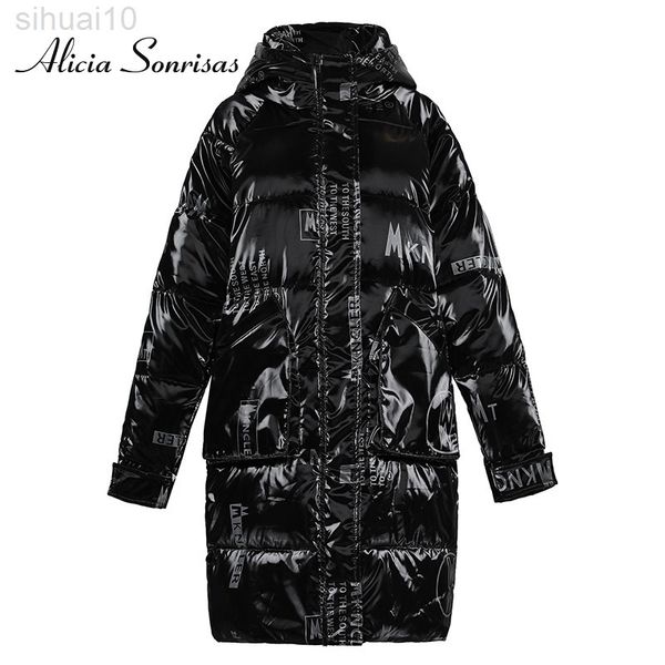 

long glossy printed letters down cotton-padded jacket 2022 new women's hooded winter parkas ins thick warm puffer coats l220730, Black