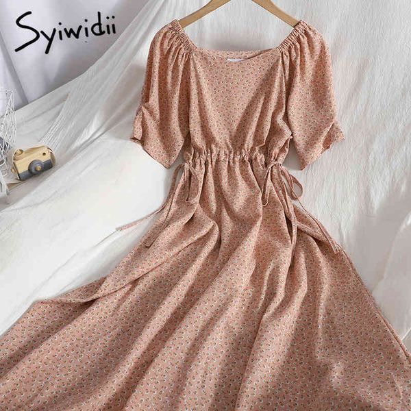 

fashion floral print lace up elastic high waist dresses women puff sleeve square collar aline clothing summer 210415, Black;gray