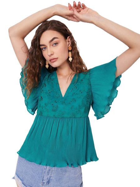 

plisse butterfly sleeve peplum schiffy blouse a0mj#, White