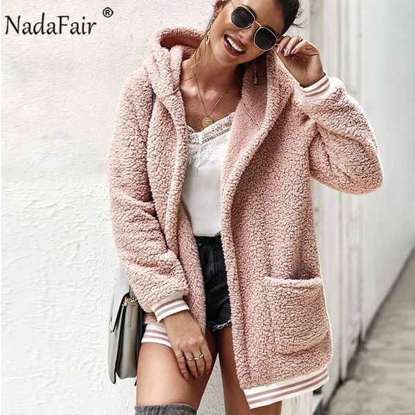 

nadafair faux fur coat women hooded winter casual teddy coat autumn pockets plus size fur jacket fleece fluffy overcoat outwear y200109, Black