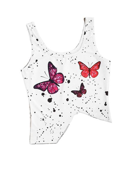 

splash ink & butterfly print tank w01y#, White