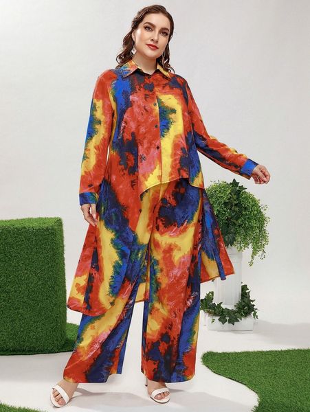 

plus tie dye high low hem blouse with wide leg pants 57w9#, Black