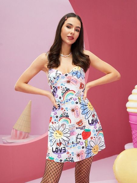 

x jane dang graffiti print draped collar cami dress k0rv#, Black;gray