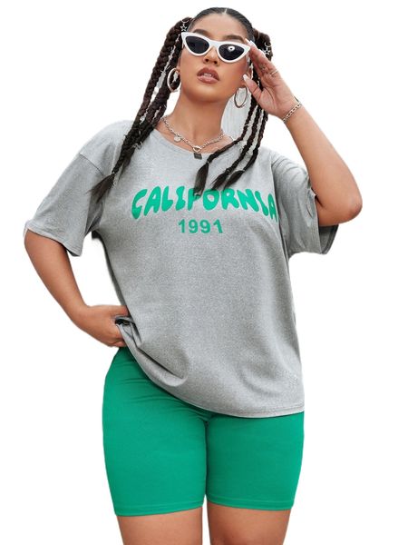 

plus letter print drop shoulder tee & biker shorts t7uj#, Black