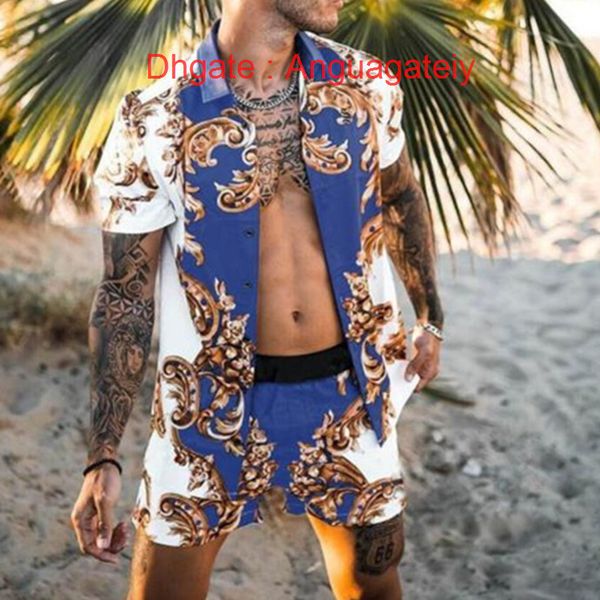 

men's casual luxury shirts men tracksuits hawaiian sets printing summer short sleeve button shirt fashion beach shorts tees streetwear, White;black