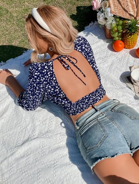

ditsy floral tie backless lantern sleeve shirred crop blouse w5c5#, White