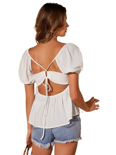

cut out crisscross tie back puff sleeve peplum blouse 69gc#, White