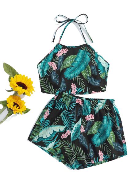 

x yuan xu tropical print tied backless halter & shorts set 263m#, White