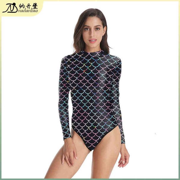 

summer long 2022 sleeved one-piece swimsuit women's sports indoor 3d printed fish scales, White;black