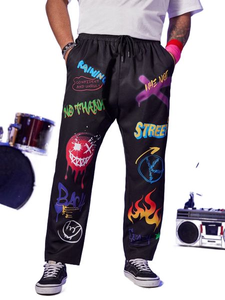 

extended sizes men letter & expression print drawstring waist pants r84m#, Black