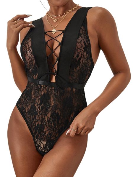 

floral lace lace-up teddy bodysuit z0gn#, Black;red