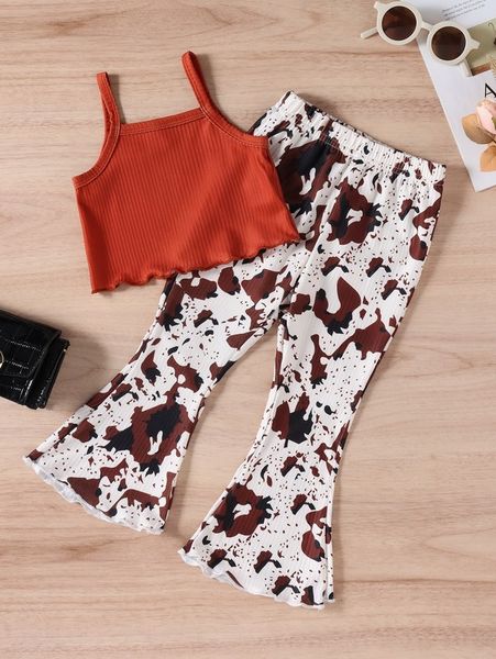 

toddler girls lettuce trim cami & flare leg pants she, White