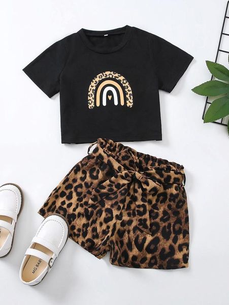 Девушки для девочек Сердце Распечатать Tee Leopard Print Print PaperBag Талия Пожалованные шорты Она