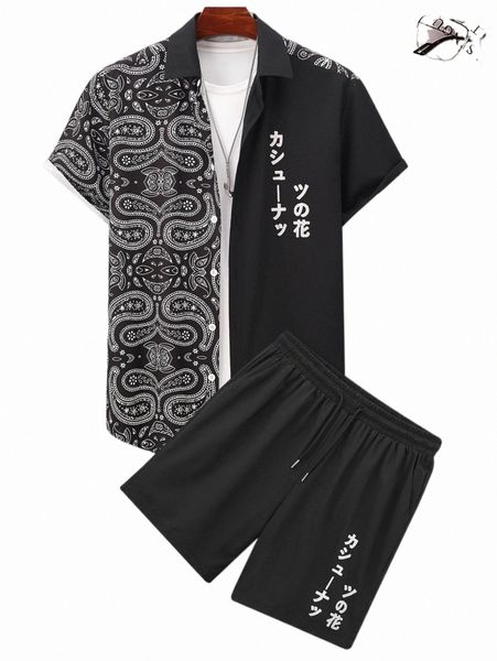 

men japanese letter & paisley print shirt & shorts without tee g35e#, Gray