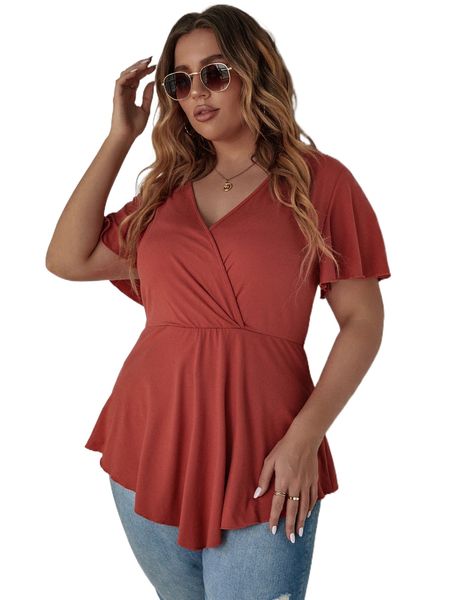 

plus flutter sleeve overlap collar peplum hem tee e5yr#, Black