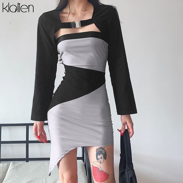 

casual streetwear office lady autumn new 2 pieces dress for women fashion slim patchwork bodycon dress beach party wear, Black;gray
