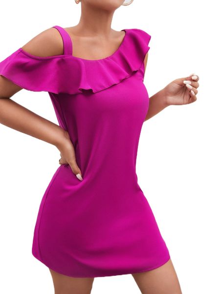 

asymmetrical neck ruffle trim tunic dress 68xc#, Black;gray