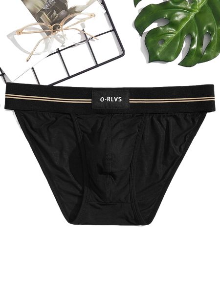 

men striped trim letter patched brief l9pt#, Black;brown