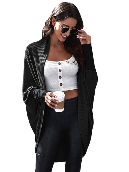 

open front batwing sleeve rib-knit coat d2ca#, Black