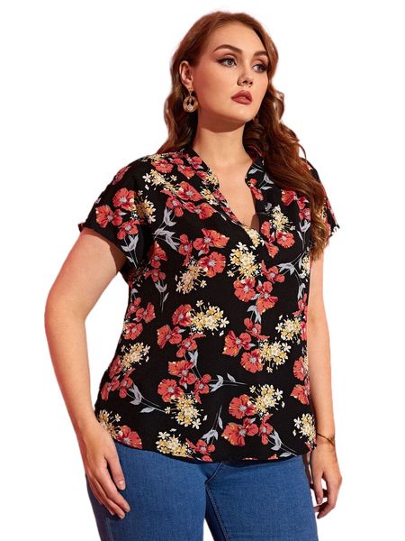 

plus floral print notched neck blouse p8yd#, Black