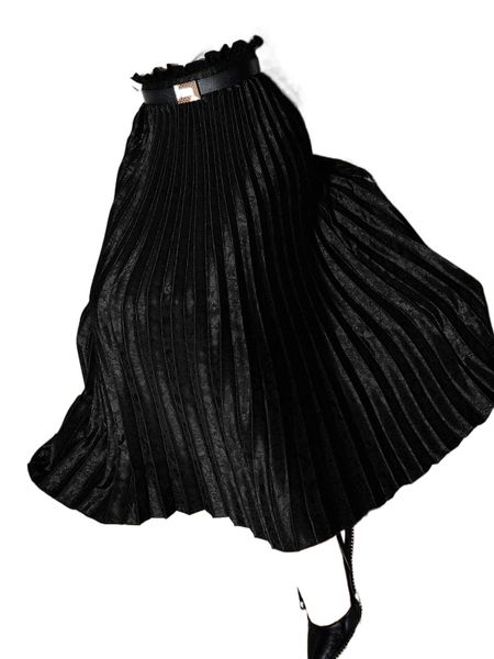 

paperbag waist pleated satin skirt without belt j8pw#, Black