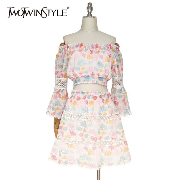 

vintage patchwork lace set for women slash neck long sleeve short high waist a line skirts female sets 210423, White