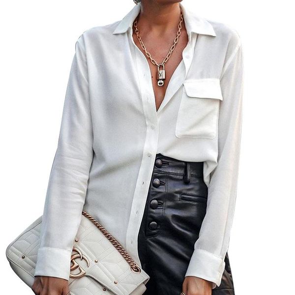 

women's blouses & shirts women's fashion solid color turn down collar pocket casual work office blouse shirt, White