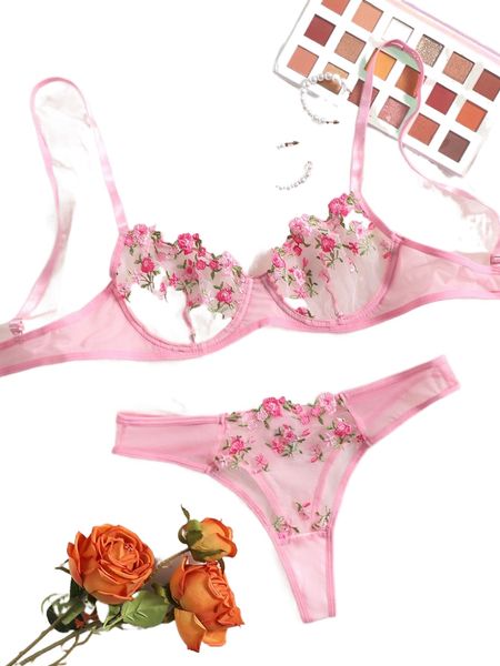 

floral embroidery mesh underwire lingerie set 02uw#, Black;red