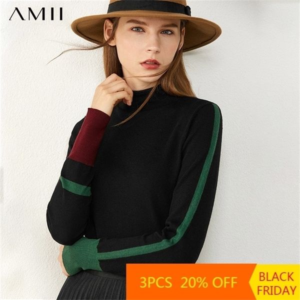 

amii minimalism autumn women's sweater fashion contrasting color design turtleneck women pullover female 12030375 lj201126, White;black